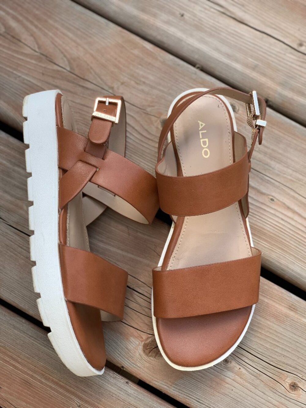 Aldo Platform Sandals 7 Camel Leather Gold Ankle Strap Silyia Flat Comfort Shoes